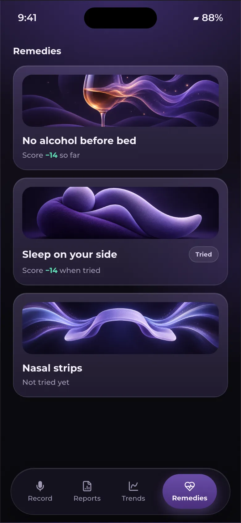 Remedies: Snore Score 14 lower with no alcohol before bed, and 14 lower sleeping on your side